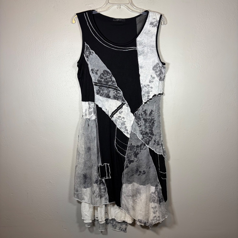 Cativa Womens Mixed Media Patchwork Lagenlook Midi Dress Black White Floral Sz M